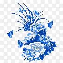 古风蓝色花朵蝴蝶装饰