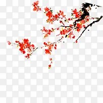红色花卉树枝水墨画海报背景
