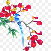 水墨画树枝蓝色鸟