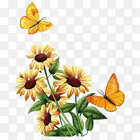 手绘高清创意合成效果黄色的花卉植物蝴蝶