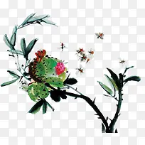 春天彩色植物水墨