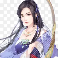 手绘古风蓝色衣服琴女子