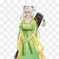 古风背琴少女手绘