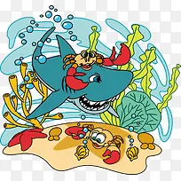 卡通鲨鱼海底世界矢量图