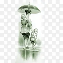 手绘雨伞母亲儿童