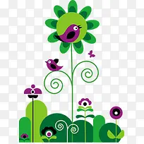 紫色卡通小鸟绿树