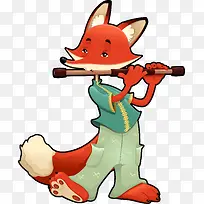 卡通吹笛子的狐狸矢量图