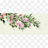 梦幻粉色花朵绿叶插画