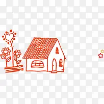 红色线条小房子花朵