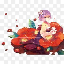 卡通动漫人物红色花朵