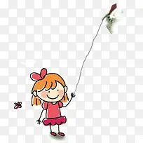 可爱手绘放风筝小女孩