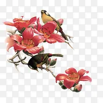 小鸟红色花朵花枝彩绘植物