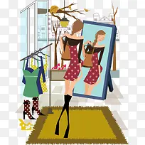 手绘买衣服照镜子女孩矢量图