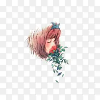 手绘少女和花