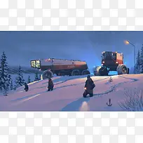 冬日雪地人物卡车