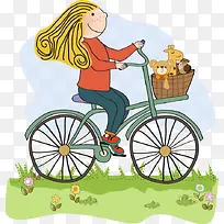 手绘卡通人物骑自行车图案