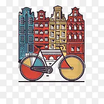 手绘城市与自行车