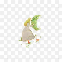 手绘女孩和青草