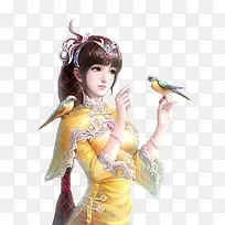 古典黄衣手绘可爱少女png素材