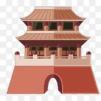 棕色中国风古楼装饰图案