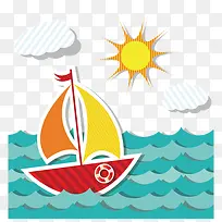 卡通图案 航海 帆船 太阳  海浪