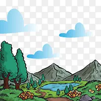 矢量水彩山水风景图