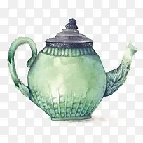 手绘绿色水彩茶壶
