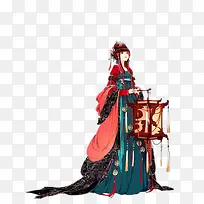 宫灯红衣华美少女古风手绘