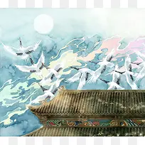 手绘中国风仙鹤房屋