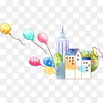 彩色插画艺术气球建筑