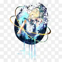蓝色星空水彩少女