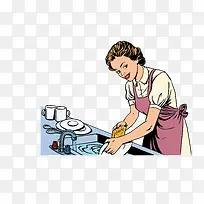 矢量手绘洗碗女人