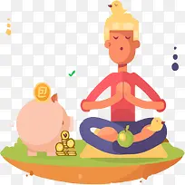练瑜伽的女士与小猪存钱罐