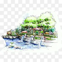 手绘小河园林海报