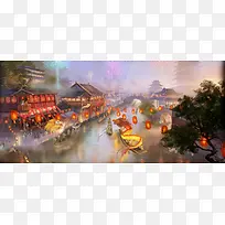 中国风春节河流灯笼