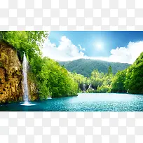 绿色山峰河流自然风景