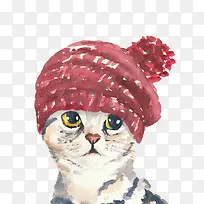 冬季戴帽子的灰猫水彩画