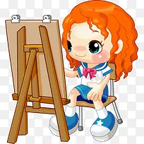 画画的卡通小女孩矢量图