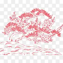 红色中式手绘树木