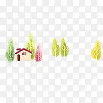 彩色颜料树木小房子装饰图案