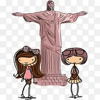 跟耶稣雕像合影的小女孩