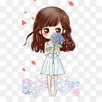 卡通可爱捧花动漫小女孩