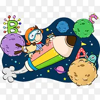 卡通儿童人物坐火箭