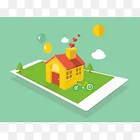 手绘卡通草地房屋