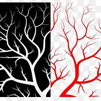 黑白背景上的白色红色树木枝条