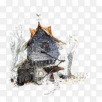 水彩雪天建筑插画