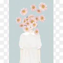 女孩与花粉色花朵淡雅女孩插画