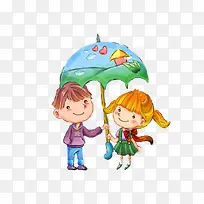 卡通男孩女孩撑伞