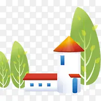 手绘卡通建筑树木