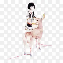 水墨小鹿 小女孩